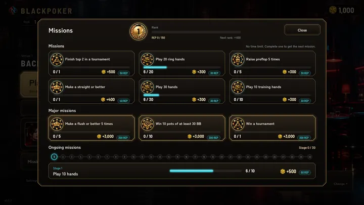 The missions screen