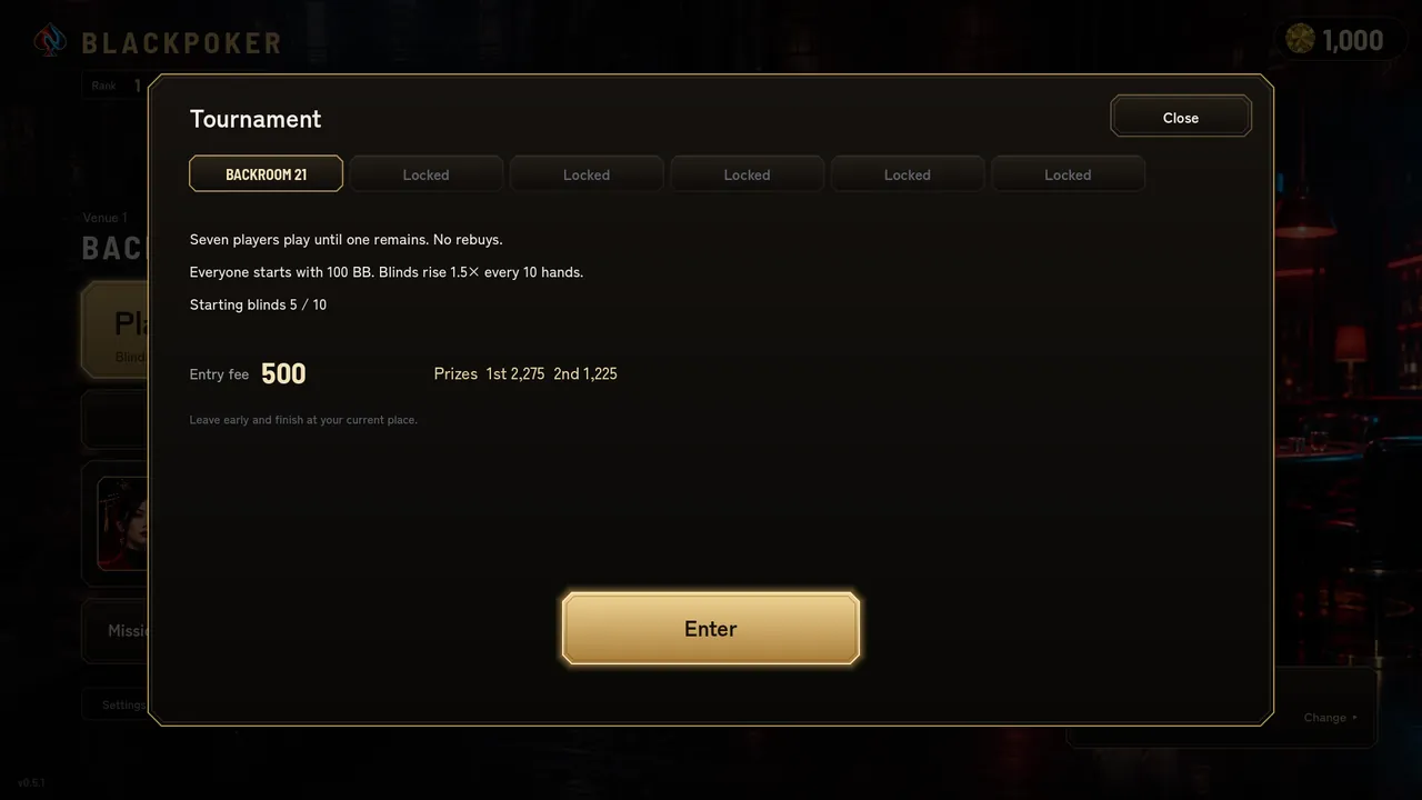 The tournament info screen
