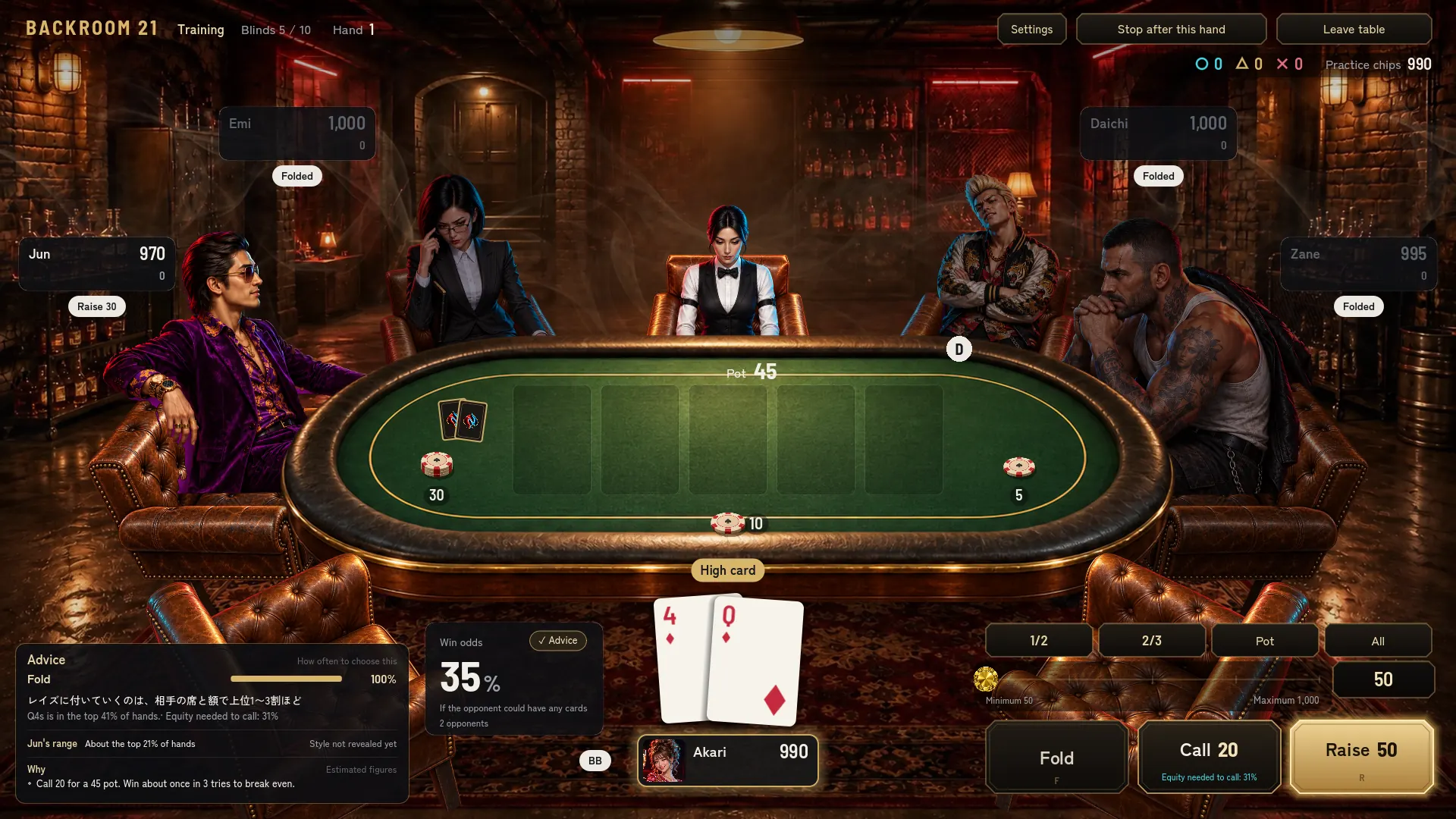The table at BACKROOM 21. It is your turn