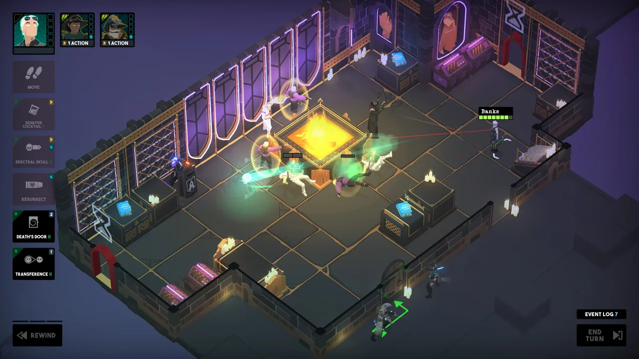 A battle in a room with an orange glow at its center (Tactical Breach Wizards, via Steam)