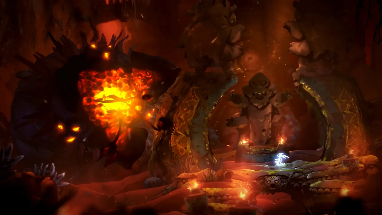 Ori facing a fiery creature (Ori and the Will of the Wisps, via Steam)