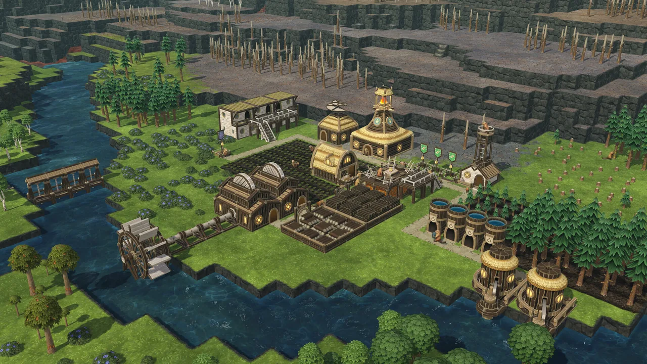 川辺の建物と水車（Timberborn・Steamストアより）