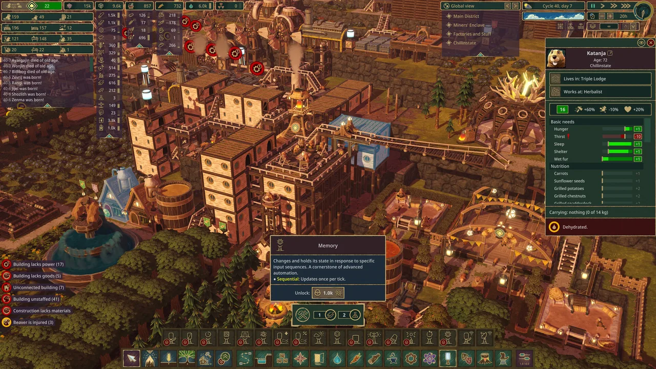 街に重なる警告表示（Timberborn・Steamストアより）