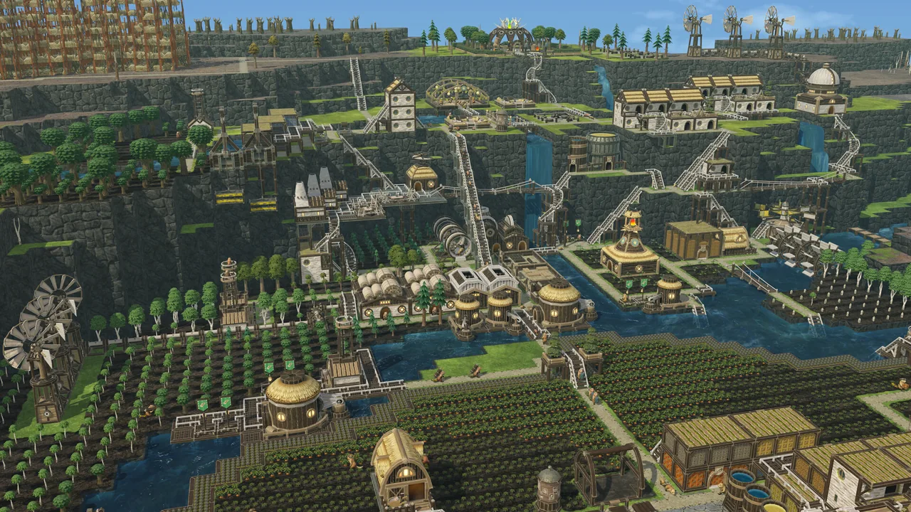 段差をつなぐ通路と農地（Timberborn・Steamストアより）