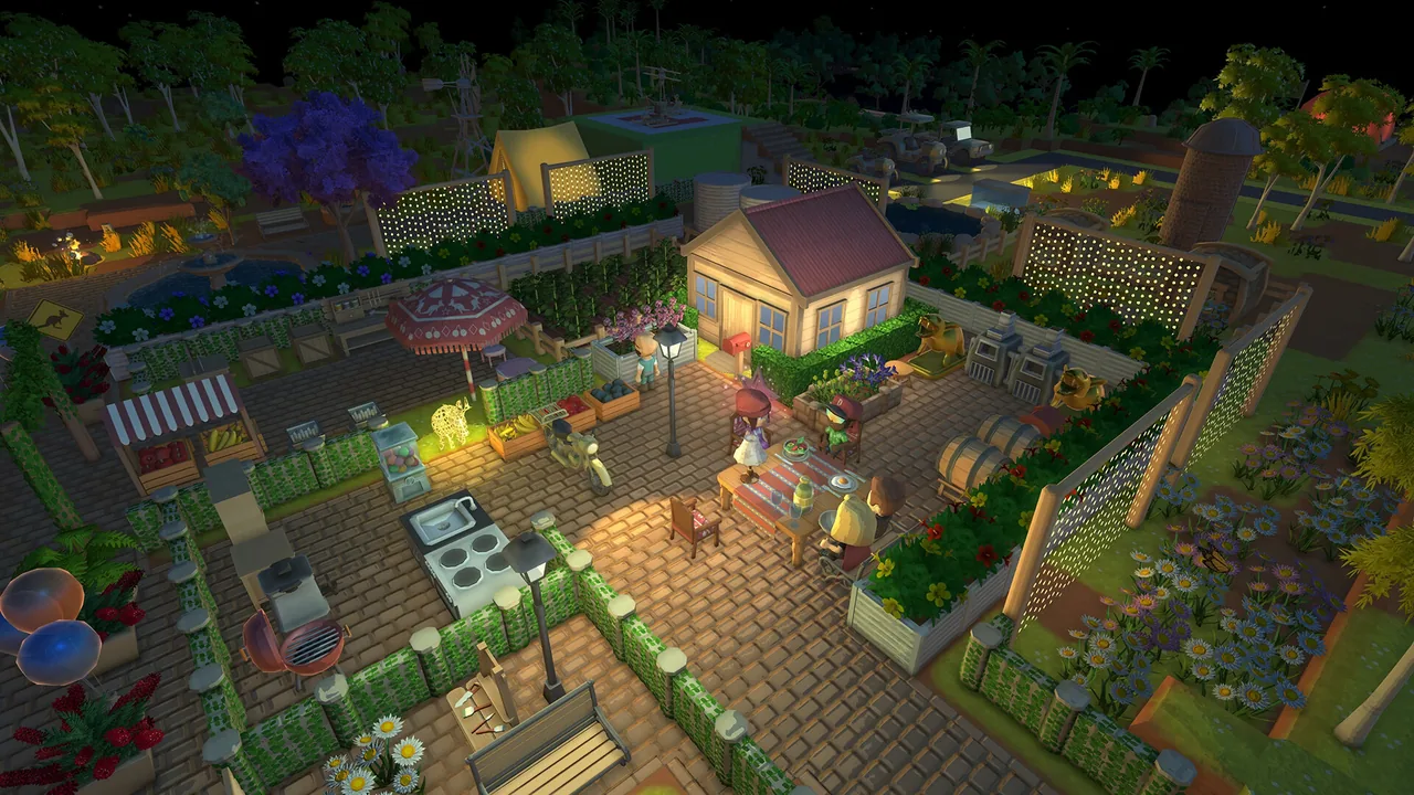 A town and work area at night (Dinkum, via Steam)
