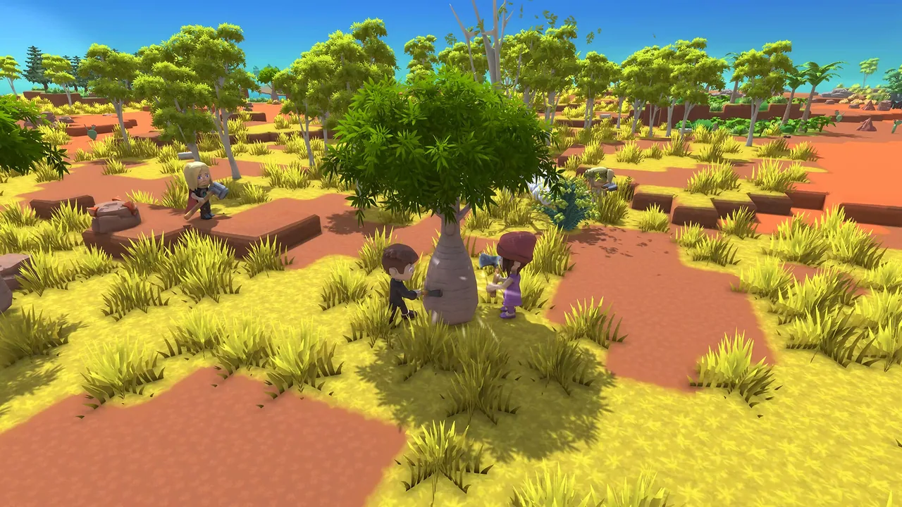 People holding tools beside a tree (Dinkum, via Steam)