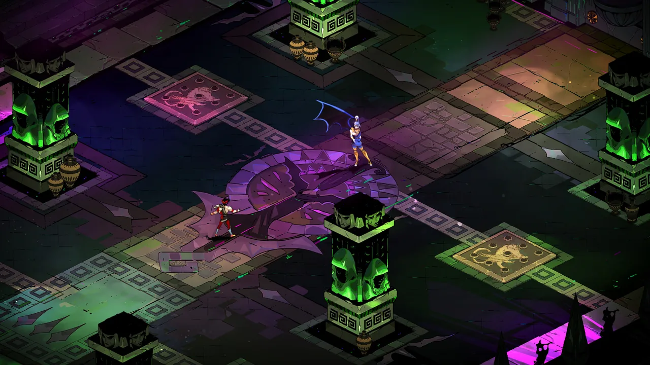 Two figures in a patterned hall (Hades, via Steam)