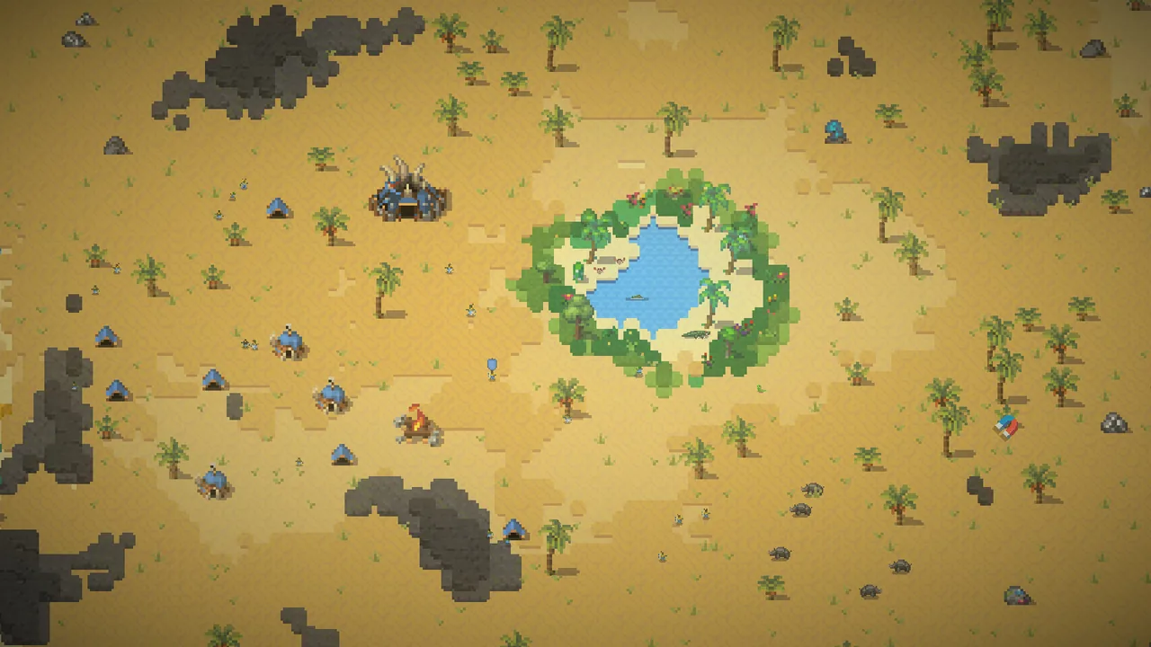 A desert lake surrounded by trees (WorldBox - God Simulator, via Steam)