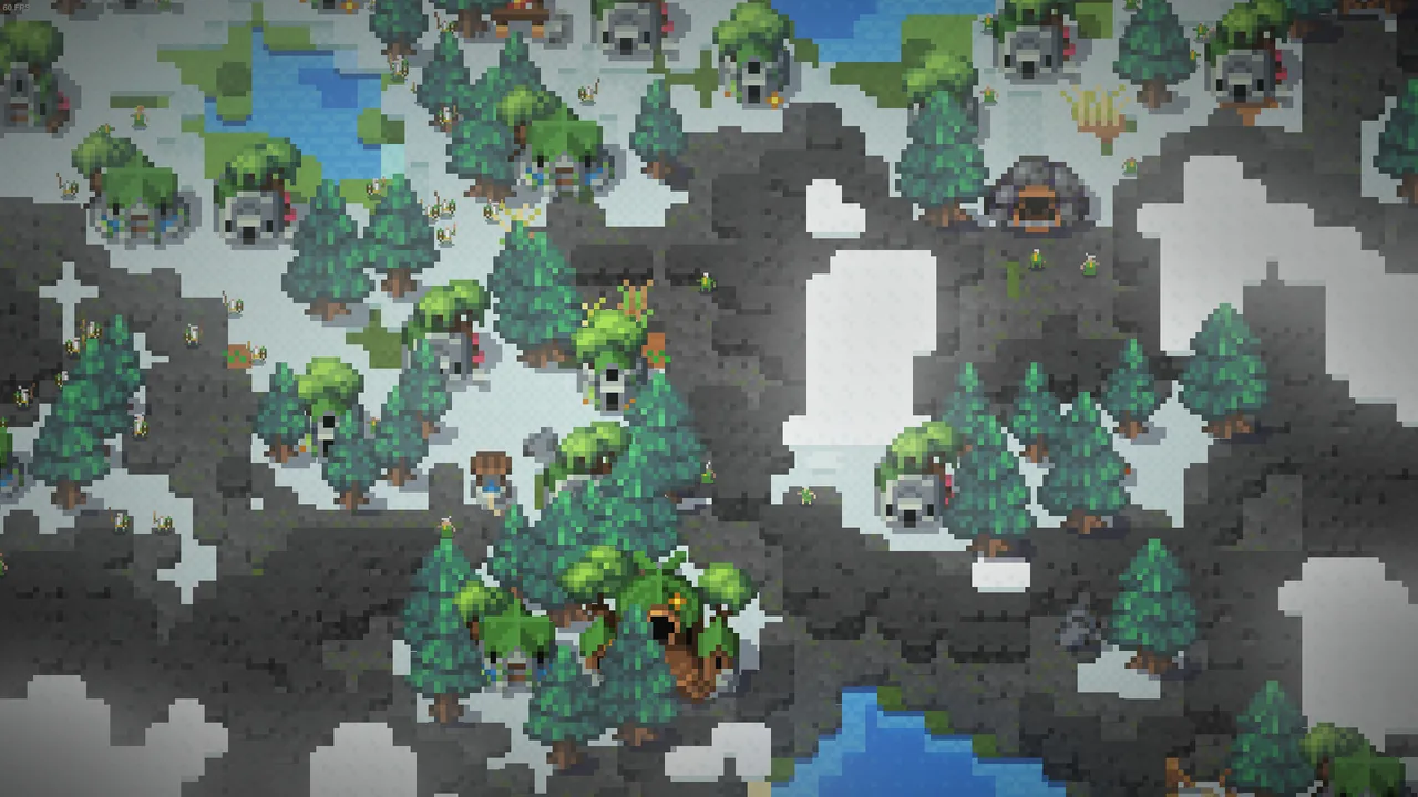 Trees and houses across snowy ground (WorldBox - God Simulator, via Steam)