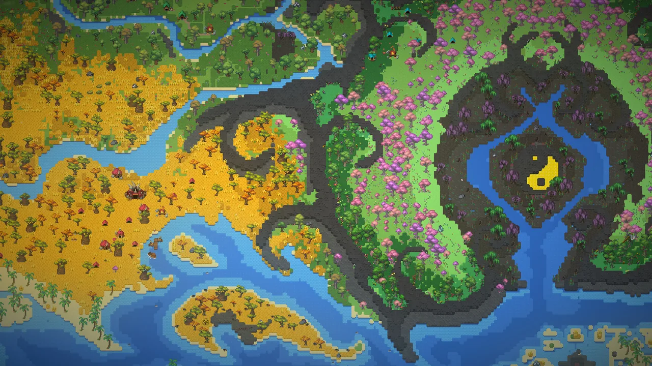 A map of rivers and contrasting terrain (WorldBox - God Simulator, via Steam)