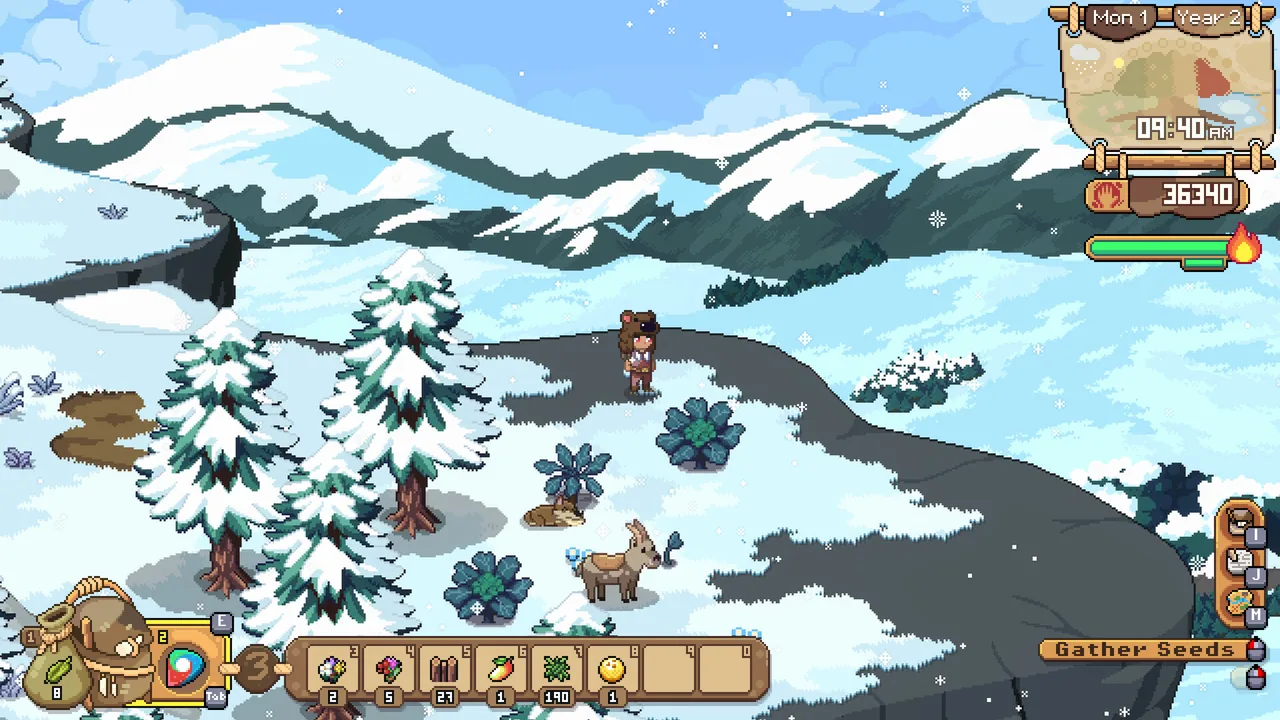 A character in the snow with a Gather Seeds prompt (Roots of Pacha, via Steam)