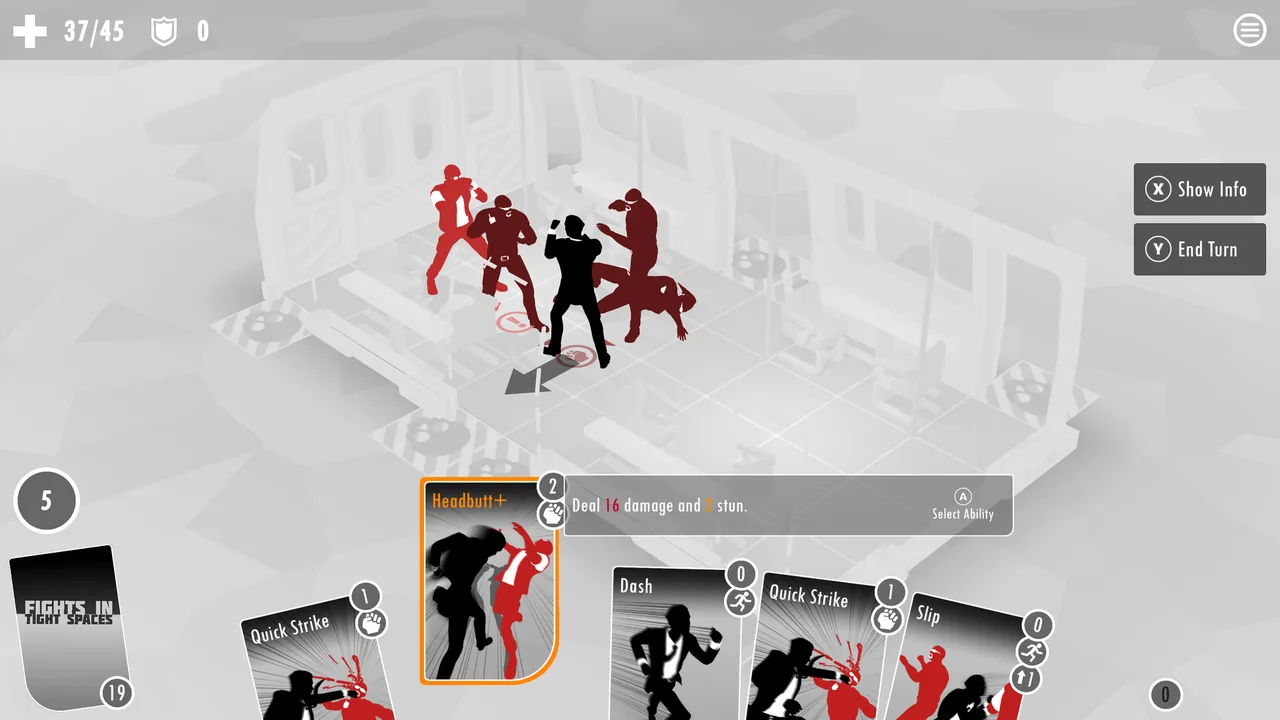 Surrounded agent with cards in hand (Fights in Tight Spaces, via Steam)