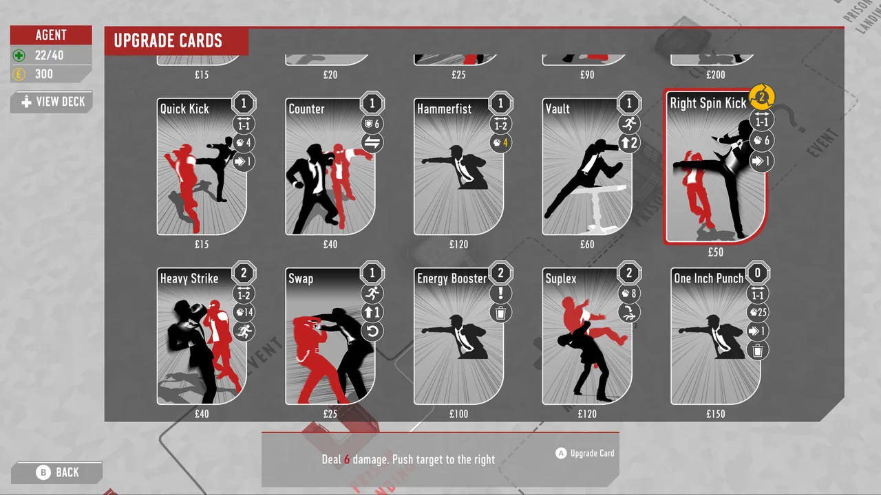 Card upgrade screen with cards on display (Fights in Tight Spaces, via Steam)