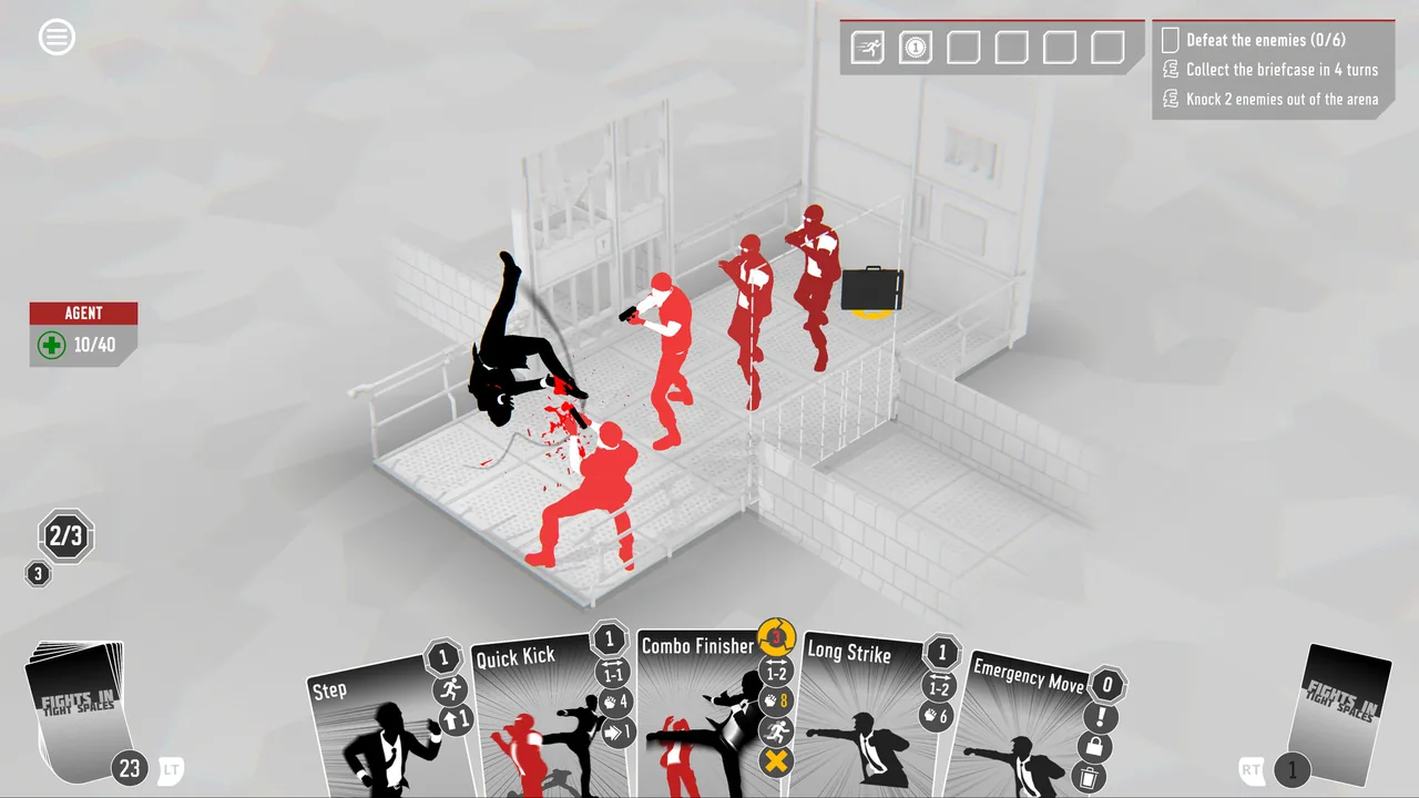 Enemies and a briefcase on a walkway (Fights in Tight Spaces, via Steam)