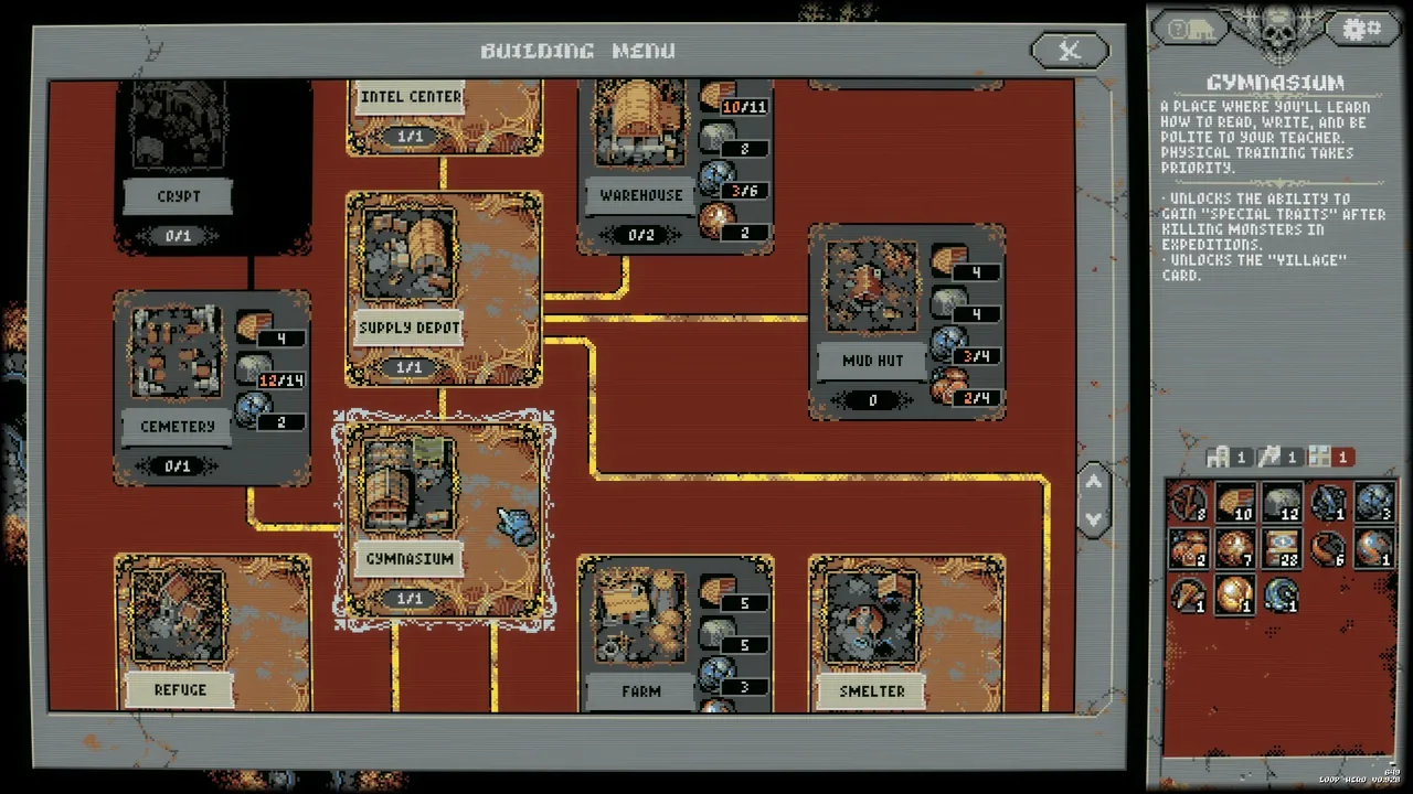 Buildings in the build menu (Loop Hero, via Steam)