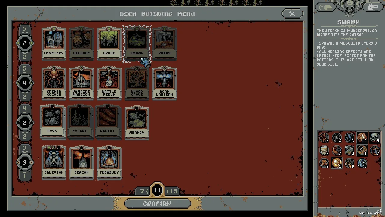 Cards in the deck menu (Loop Hero, via Steam)
