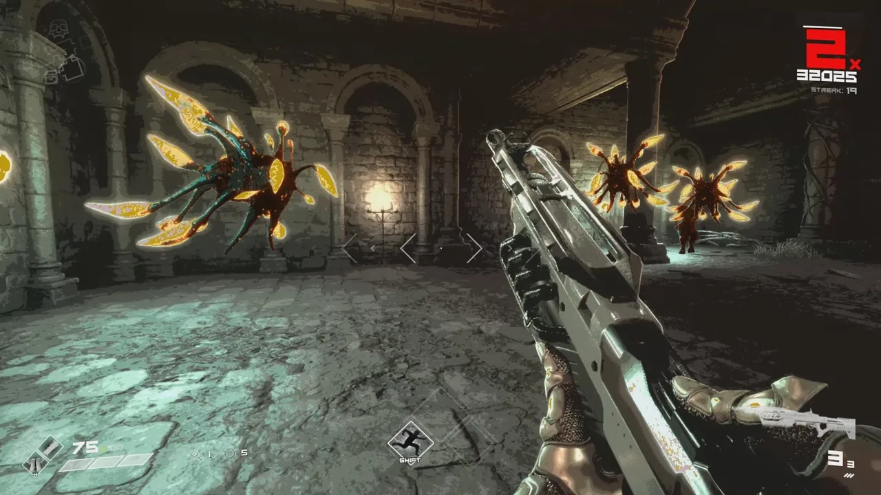 Glowing flying enemies and a gun (BPM: BULLETS PER MINUTE, via Steam)