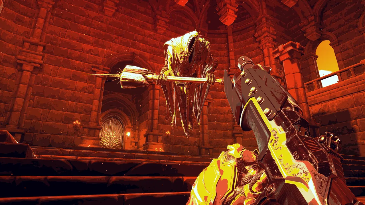 A hammer-wielding foe and a gun (BPM: BULLETS PER MINUTE, via Steam)