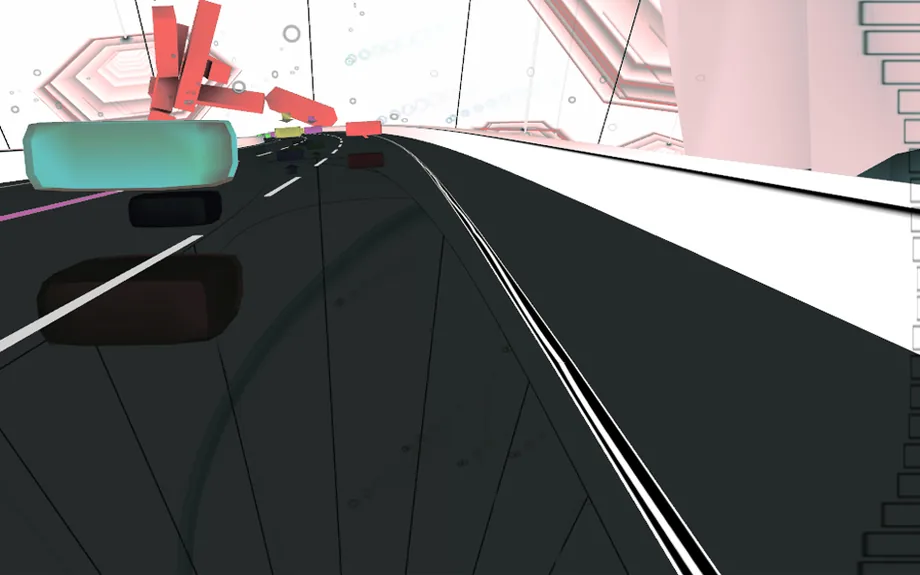 Blocks on a track against a bright background (AudioSurf, via Steam)