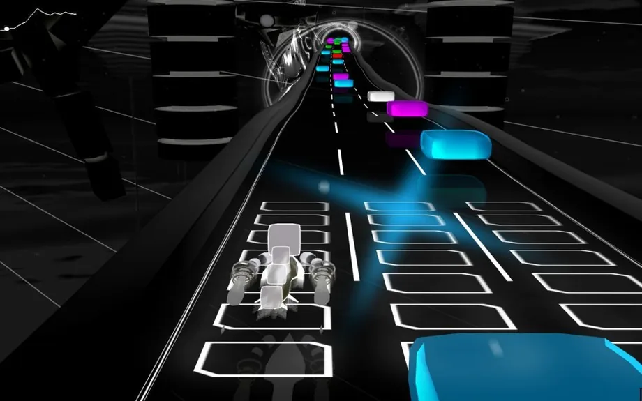 Colorful blocks lining the track (AudioSurf, via Steam)