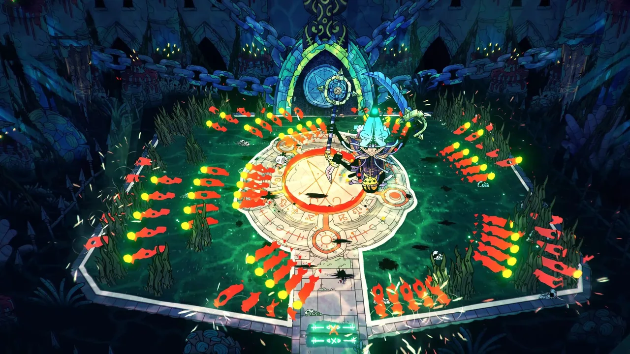Projectiles spread around a circular platform (Cult of the Lamb, via Steam)