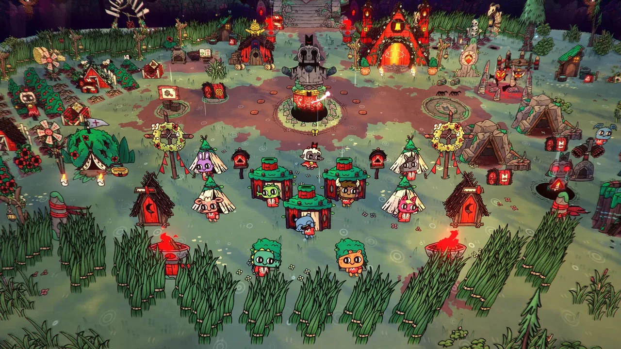 Followers and buildings across the cult grounds (Cult of the Lamb, via Steam)