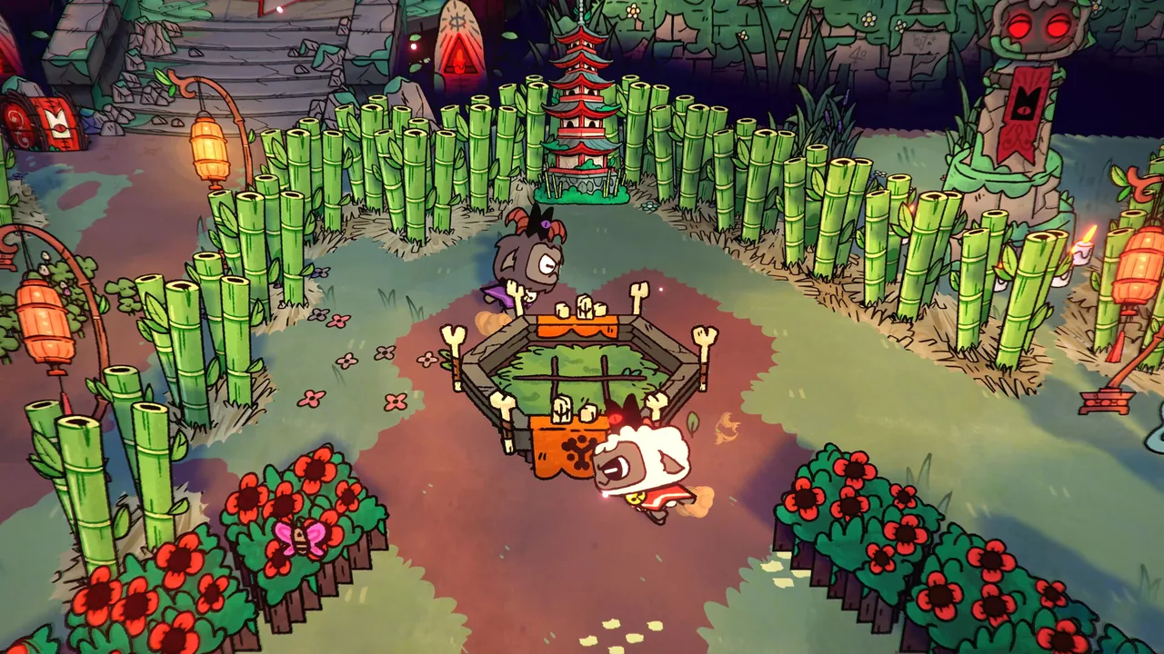 The lamb runs past a bamboo grove (Cult of the Lamb, via Steam)