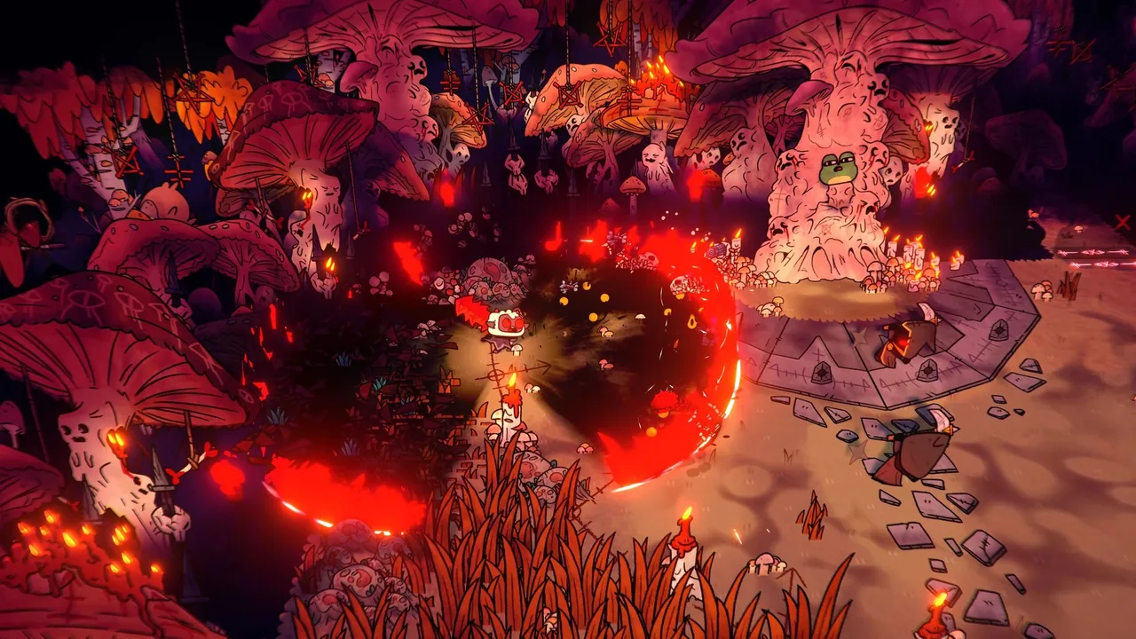 The lamb fights beneath giant mushrooms (Cult of the Lamb, via Steam)