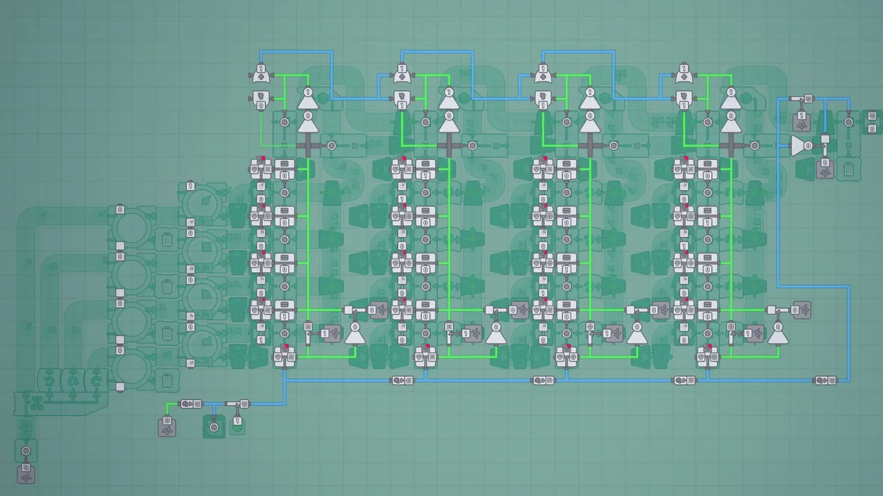 Machines linked by green wires (shapez, via Steam)