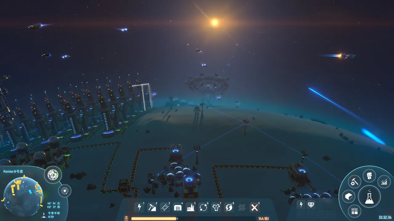A factory spread across a planet at night (Dyson Sphere Program, via Steam)