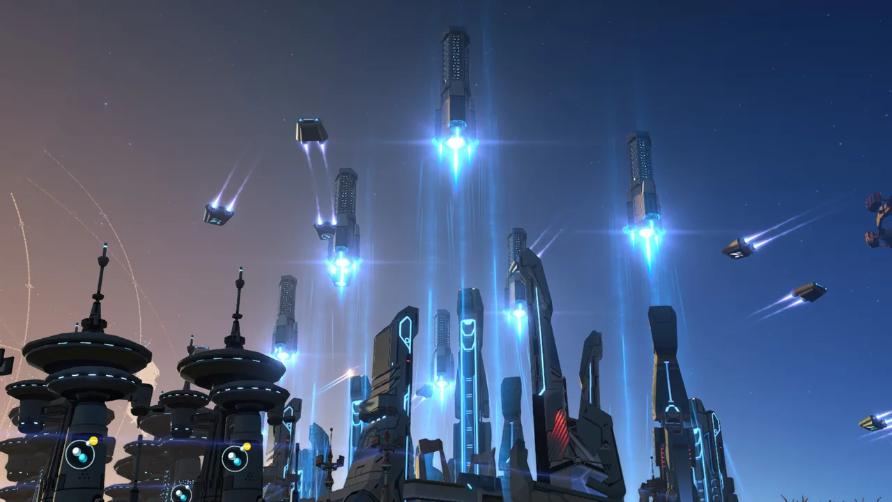 Blue-lit towers and flying vessels (Dyson Sphere Program, via Steam)