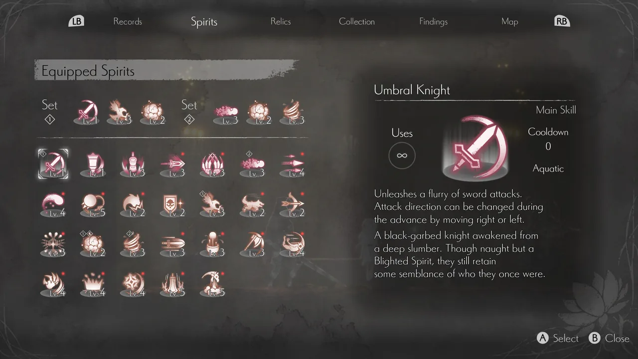 The spirit skill equipment screen (ENDER LILIES: Quietus of the Knights, via Steam)