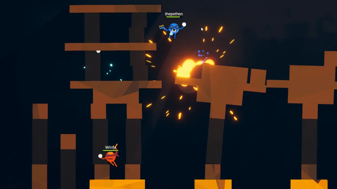 A blue fighter above, a red fighter below, and a blast beside a platform (ROUNDS, via Steam)