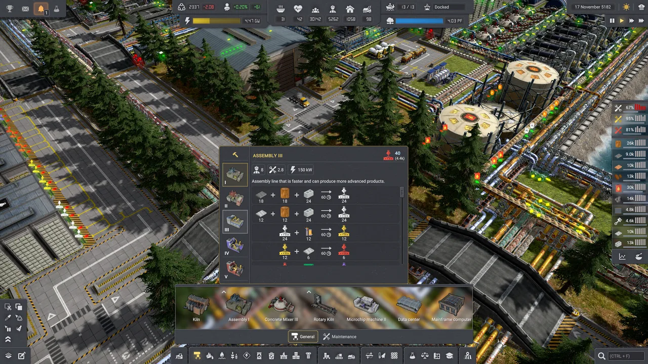 An assembly production menu (Captain of Industry, via Steam)