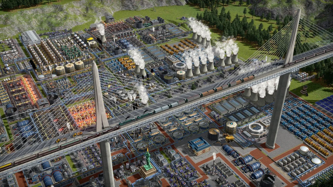 A freight train on a bridge above a factory (Captain of Industry, via Steam)