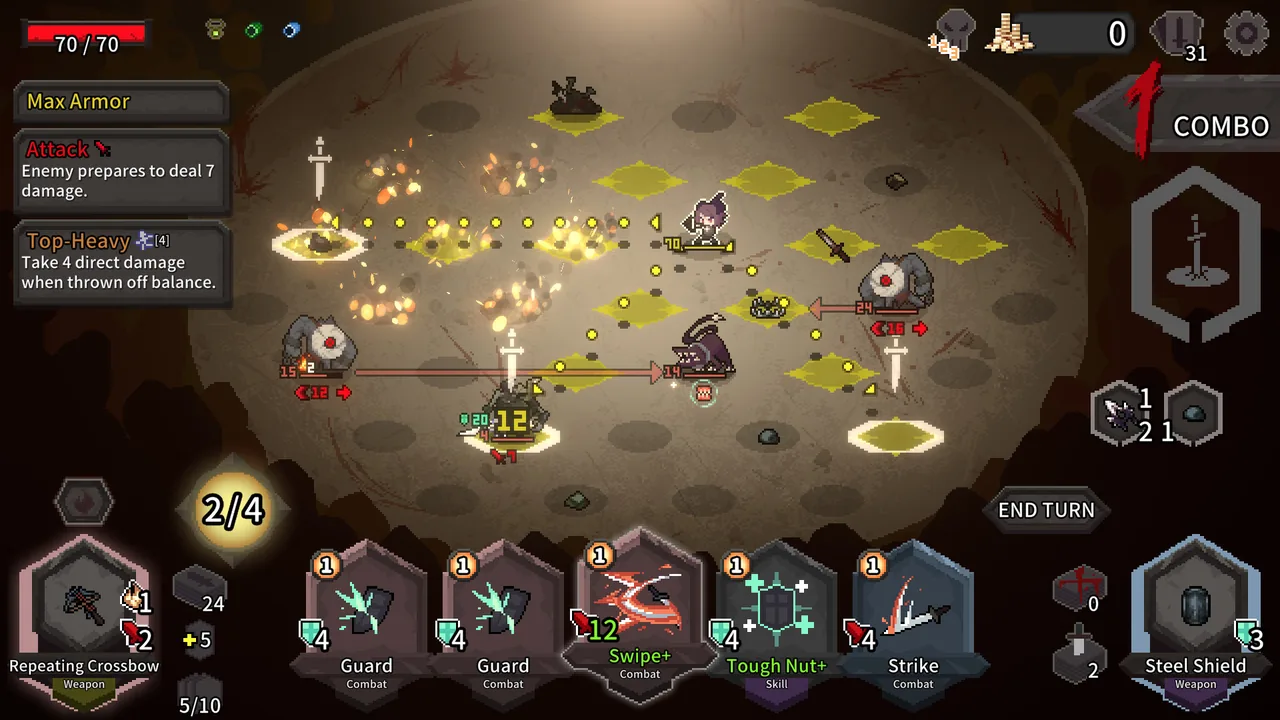 Enemy attack lines and cards in hand (Alina of the Arena, via Steam)