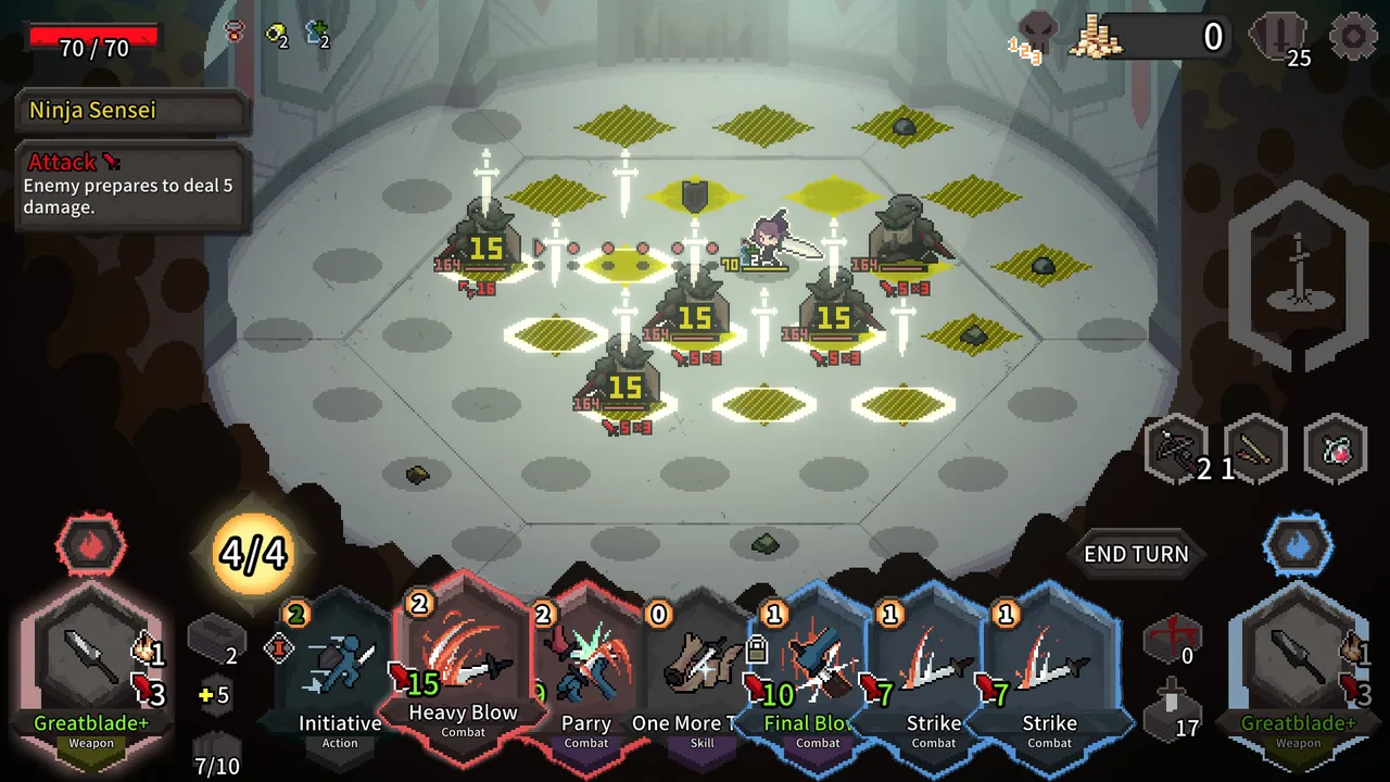 A greatblade and attack cards in combat (Alina of the Arena, via Steam)
