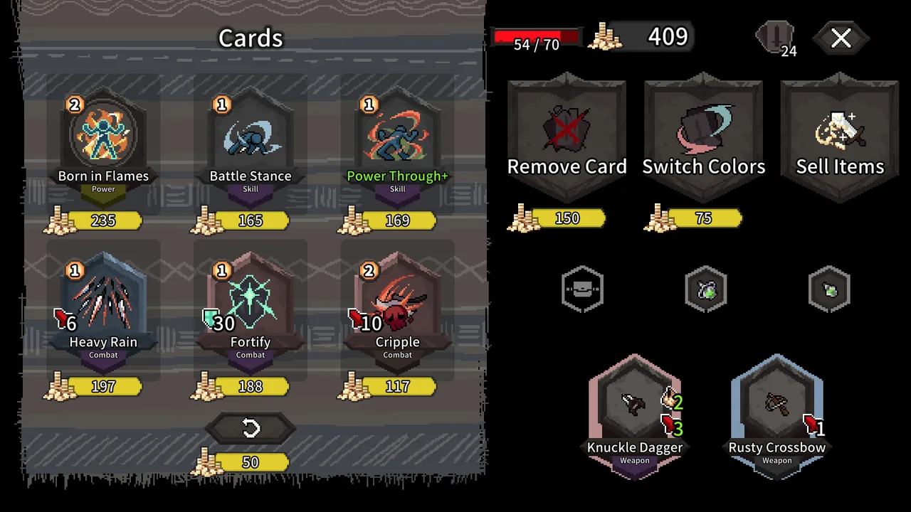 A shop showing cards for sale and a color-switching option (Alina of the Arena, via Steam)