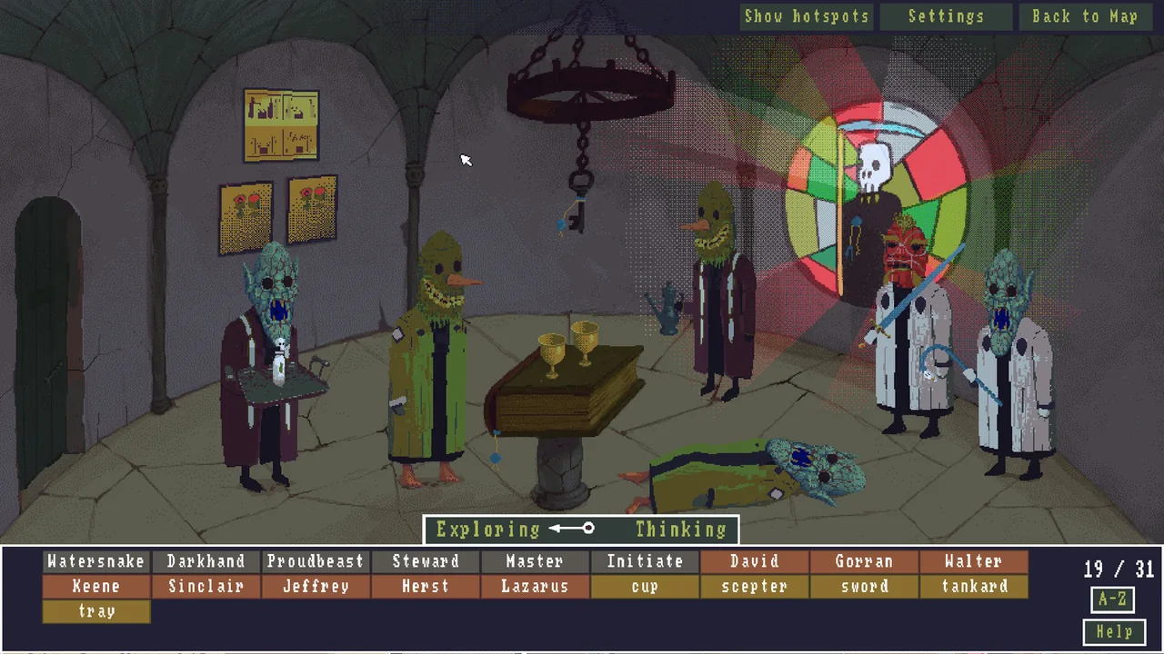 Masked figures and words along the bottom (The Case of the Golden Idol, via Steam)