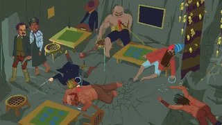 People lying on the floor beside tables (The Case of the Golden Idol, via Steam)