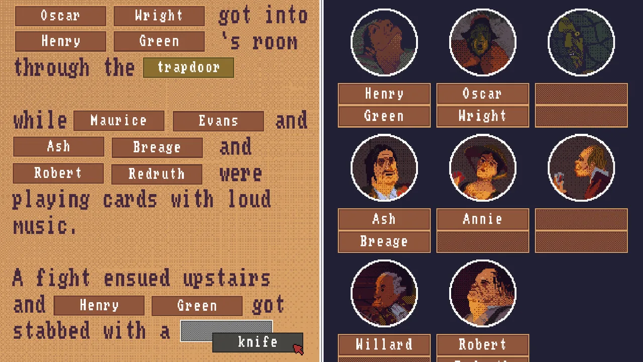 A passage with blanks and a list of people (The Case of the Golden Idol, via Steam)