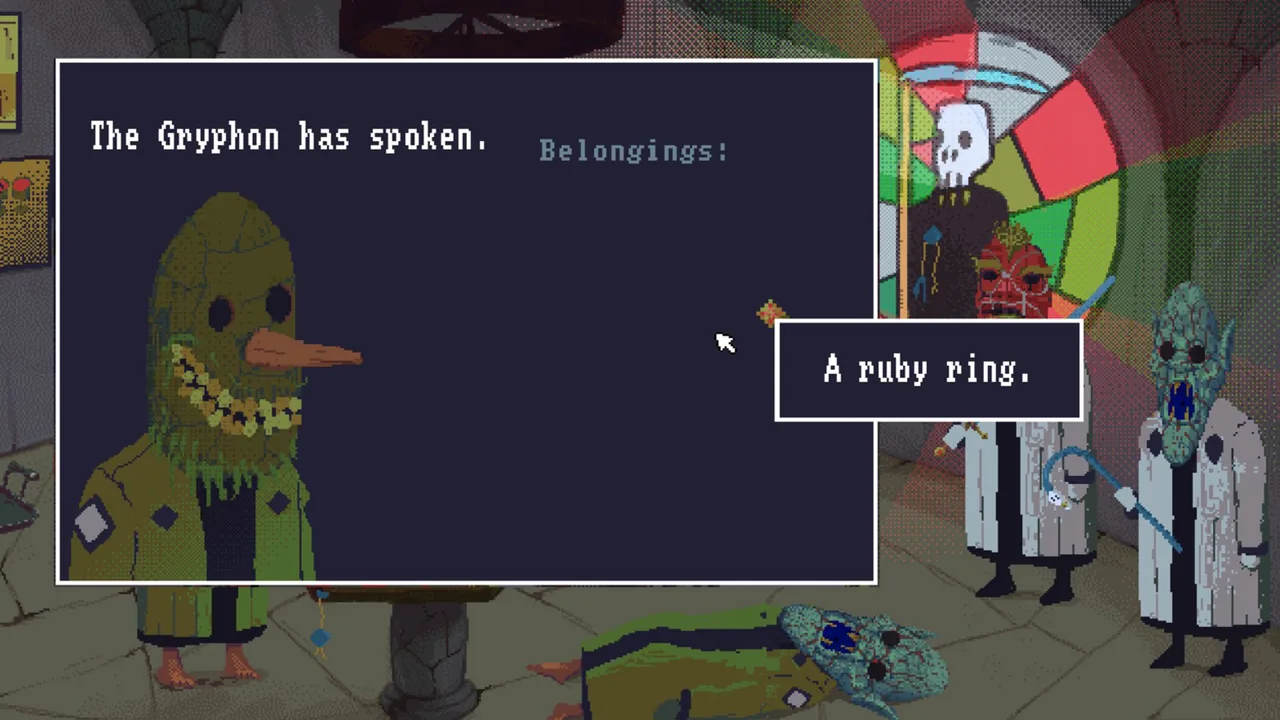 A masked figure and text about a ruby ring (The Case of the Golden Idol, via Steam)