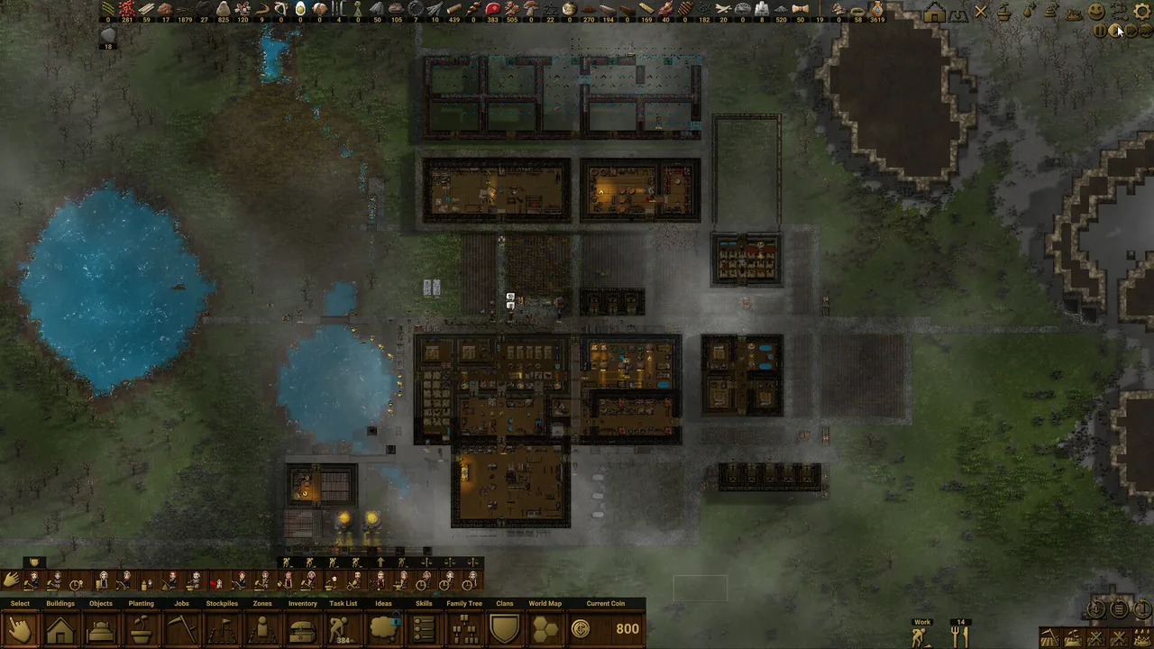 An overhead view of ponds and buildings (Clanfolk, via Steam)