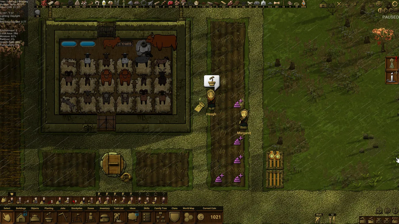Fields and a livestock pen in the rain (Clanfolk, via Steam)