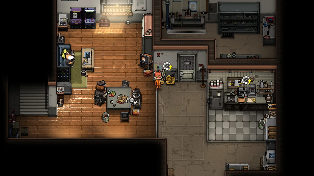 Inmates by a table and corridor (Back to the Dawn, via Steam)