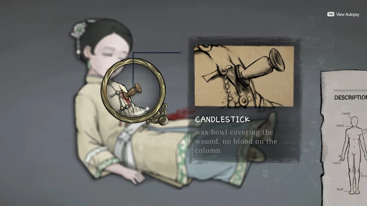Examining a candlestick clue (Murders on the Yangtze River, via Steam)
