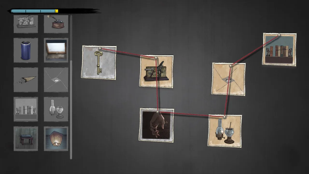 Clues linked with red string (Murders on the Yangtze River, via Steam)