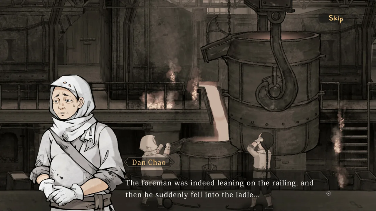 Dan Chao speaking in a factory (Murders on the Yangtze River, via Steam)