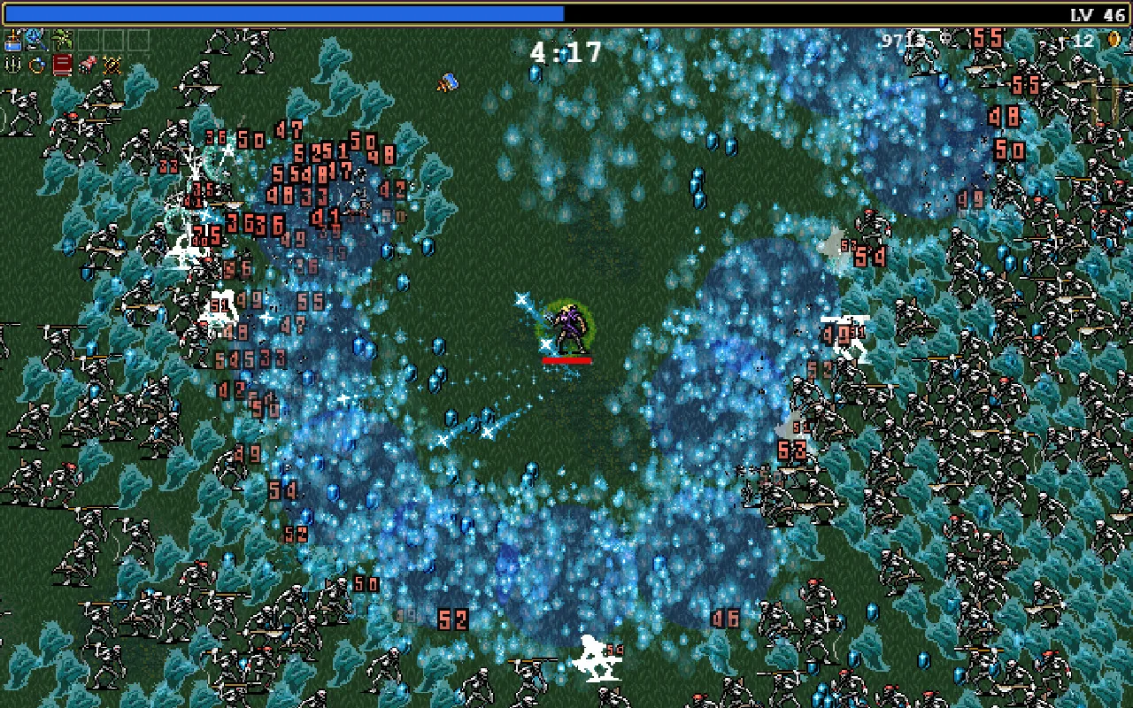 Blue effects covering the battlefield (Vampire Survivors, via Steam)