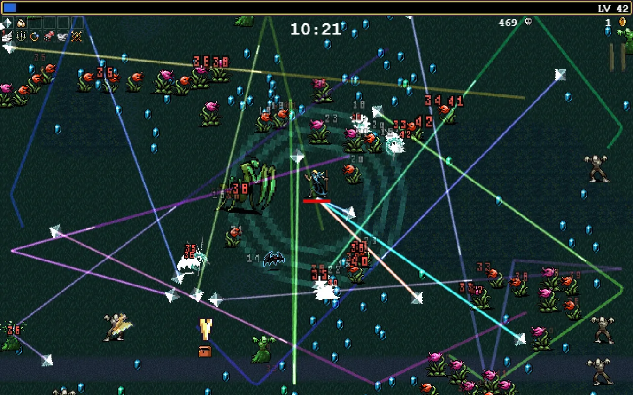 Colored beams crossing the battlefield (Vampire Survivors, via Steam)